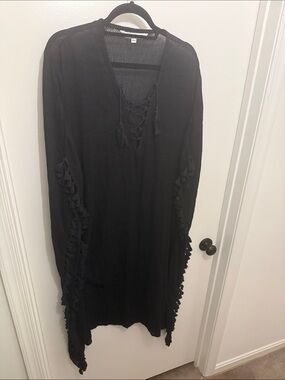 Walter Baker Black Sheer Fringe Tie Cover-Up